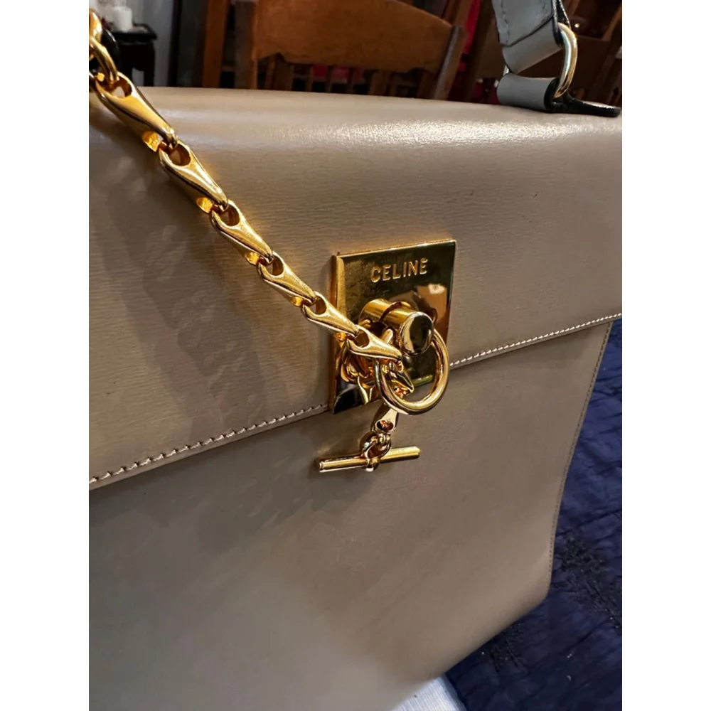 Celine Beige Leather Satchel Bag with Gold Hardware